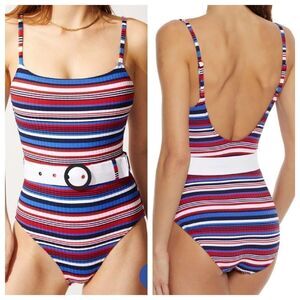 Solid & Striped Women's The Nina Belted Striped Ribbed Swimsuit Size Med…